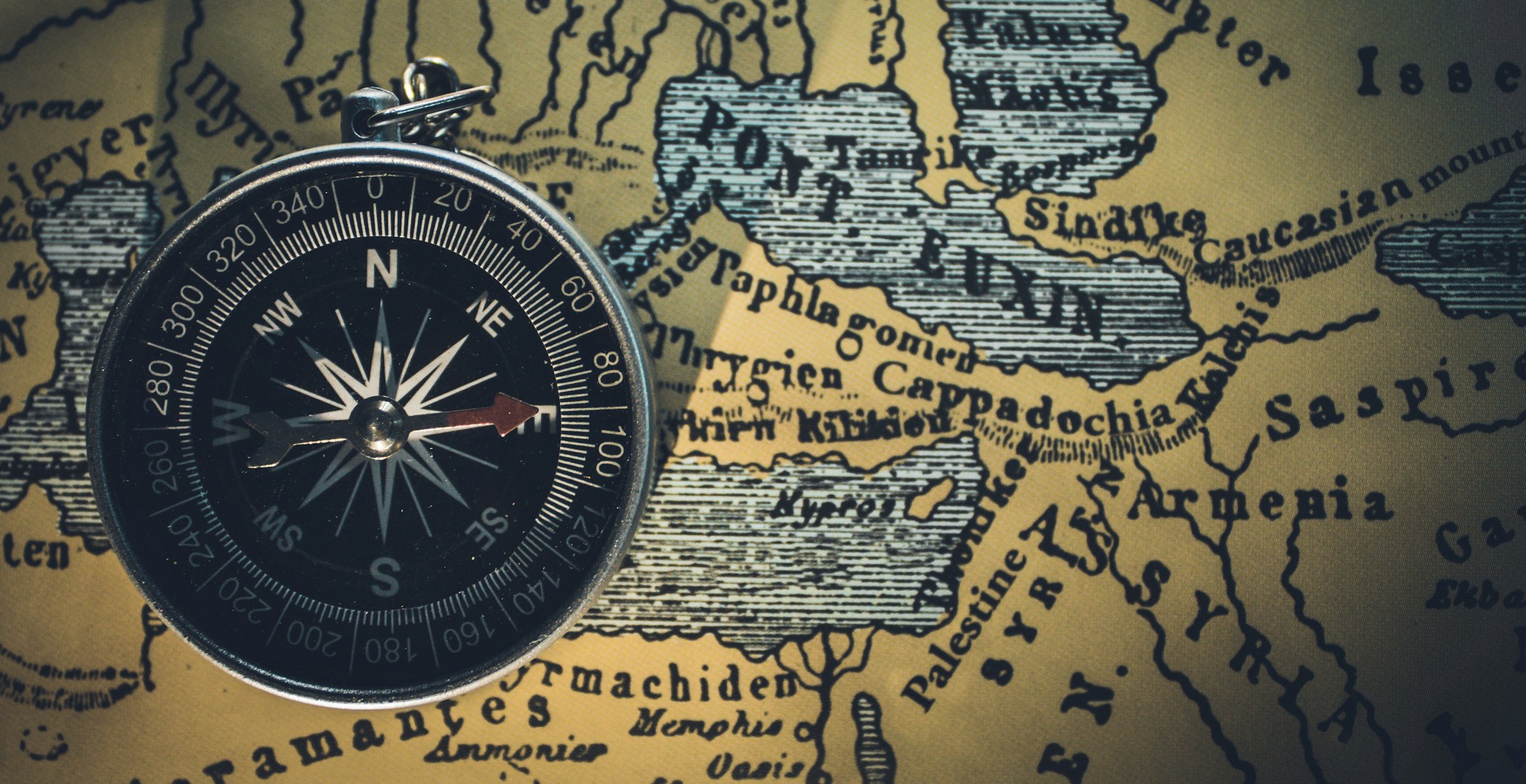 Compass resting on an old map